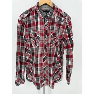 Buckle Black‎ Mens Plaid Long Sleeve Slim Fit Button Up Shirt Red Gray L